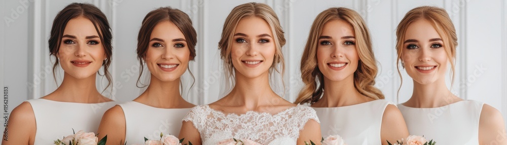 Five smiling bridesmaids pose together, dressed elegantly in matching attire, each holding flowers, radiating joy and celebration. Five smiling bridesmaids pose together, dressed elegantly in matching attire, each holding flowers, radiating joy and celebration.