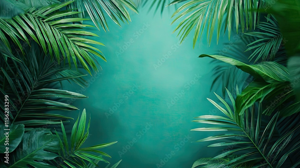 Obraz premium Tropical frame concept. Lush green tropical leaves framing a serene, vibrant background for relaxation.