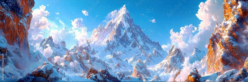 Obraz premium Majestic Snow-Capped Mountain Range Under Bright Blue Sky Surrounded by Dramatic Cloudscape and Vibrant Colors of Nature's Beauty