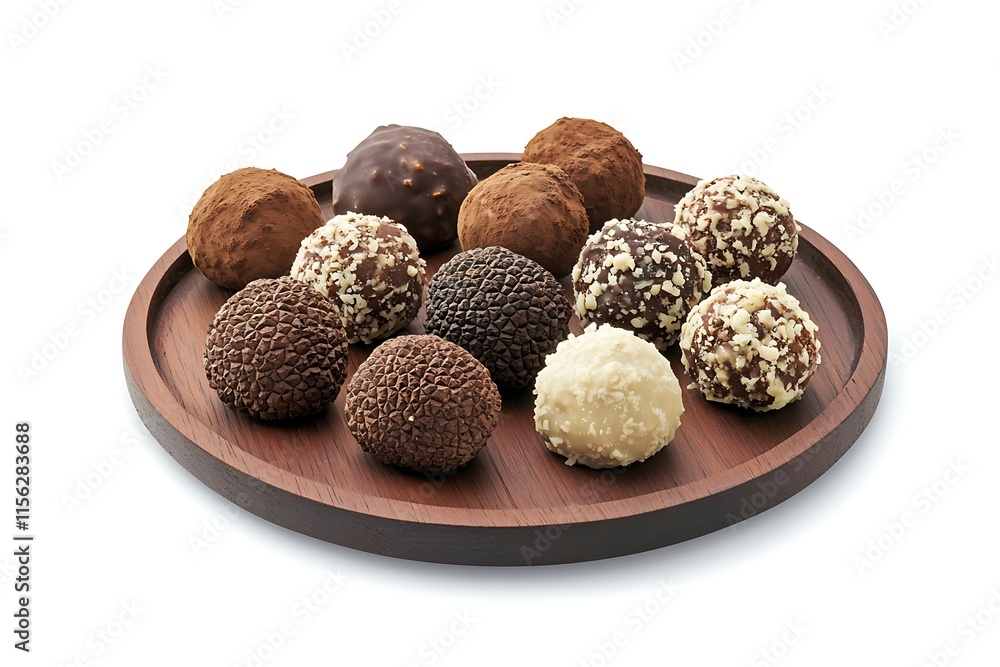 Chocolate truffles on a wooden plate Chocolate truffles on a wooden plate