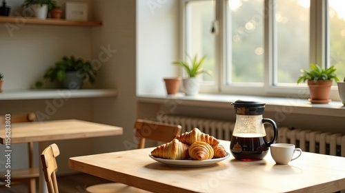 Warm morning light illuminates a table setting featuring a selection of freshly baked croissants and a carafe of brewed coffee, creating a peaceful and inviting atmosphere for a leisurely breakfast.