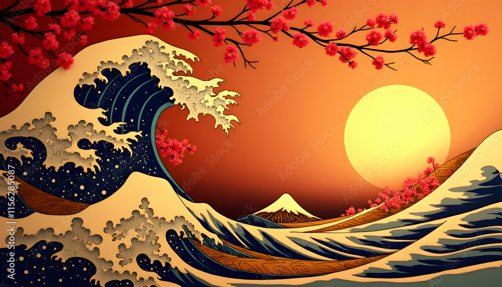 Obraz premium Traditional Japanese Waves with Blossoms in Gold and Red Tones