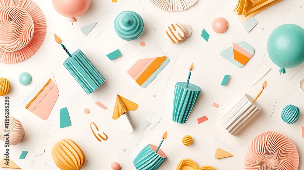 Flatlay of pastel-colored birthday party objects; candles, balloons, cake, confetti, on white background. Flatlay of pastel-colored birthday party objects; candles, balloons, cake, confetti, on white background.