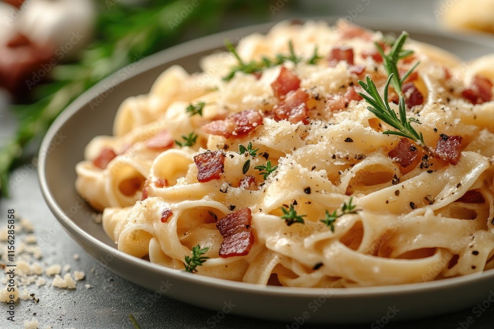 Creamy pasta with bacon, herbs, and cheese. Perfect for food blogs, menus, or recipes showcasing delicious pasta dishes. Creamy pasta with bacon, herbs, and cheese. Perfect for food blogs, menus, or recipes showcasing delicious pasta dishes.