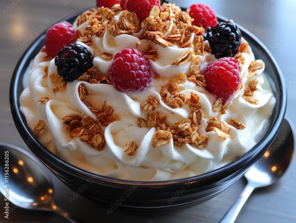 Creamy yogurt with granola and berries. Perfect for healthy breakfast or dessert photos. Creamy yogurt with granola and berries. Perfect for healthy breakfast or dessert photos.