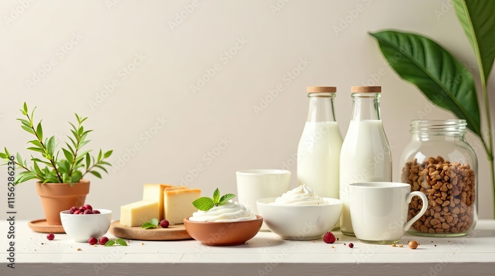 A tranquil arrangement of dairy products, including creamy yogurt, fresh milk in glass bottles, and cheese alongside berries and a leafy plant, creating a serene and healthy-looking scene. A tranquil arrangement of dairy products, including creamy yogurt, fresh milk in glass bottles, and cheese alongside berries and a leafy plant, creating a serene and healthy-looking scene.