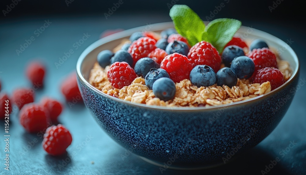 Granola with raspberries and blueberries in a blue bowl, garnished with mint. Perfect for healthy eating, breakfast, or food blog imagery. Granola with raspberries and blueberries in a blue bowl, garnished with mint. Perfect for healthy eating, breakfast, or food blog imagery.
