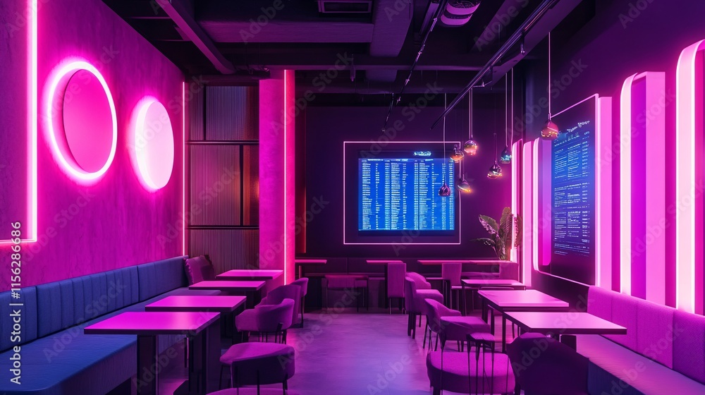 Interior of a modern night club with bright neon lights and comfortable armchairs. Interior of a modern night club with bright neon lights and comfortable armchairs.