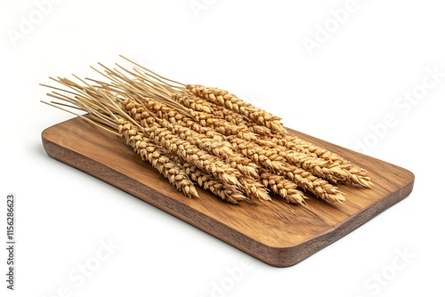 Spike lets of ripe golden ears of wheat on a wooden surface photo