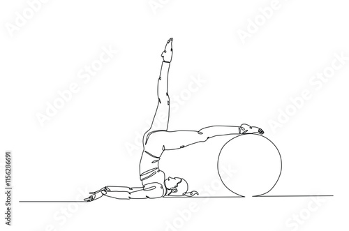 Woman working out using fitness ball continuous one line drawing. Young lady exercises using gym ball in single line art illustration. Editable vector.