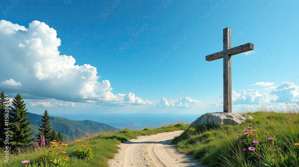Serene Mountaintop Vista Featuring a Rustic Wooden Cross and a Winding Path Serene Mountaintop Vista Featuring a Rustic Wooden Cross and a Winding Path