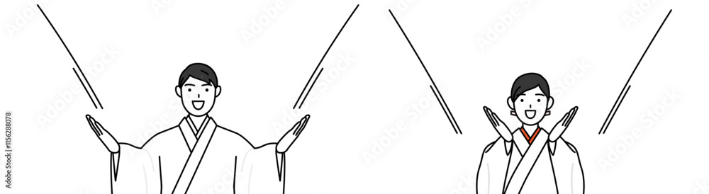 Priest and shrine maiden of the shrine, calling out with his hand over his mouth.