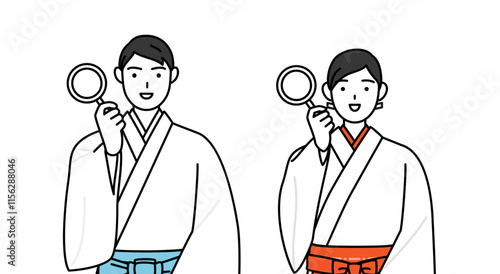 Priest and shrine maiden of the shrine, holding a magnifying glass and placing his hand on his hip