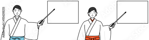 Priest and shrine maiden of the shrine, pointing at a whiteboard with an indicator stick.