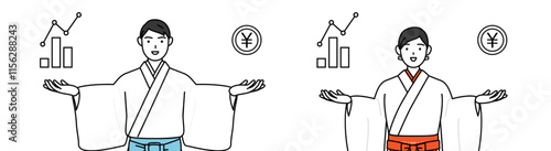 Priest and shrine maiden of the shrine, guiding an image of DX, performance and sales improvement.