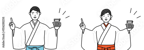 Priest and shrine maiden of the shrine, holding a calculator and pointing.