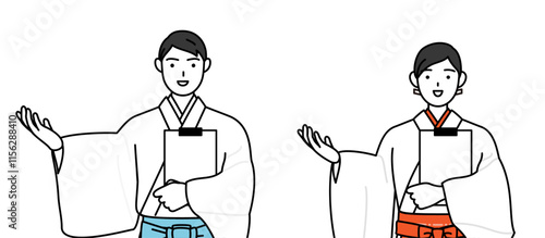 Priest and shrine maiden of the shrine, holding a clipboard and extending his hand