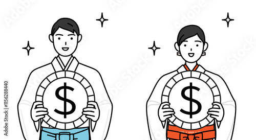Priest and shrine maiden of the shrine, with images of foreign exchange gains and dollar appreciation.