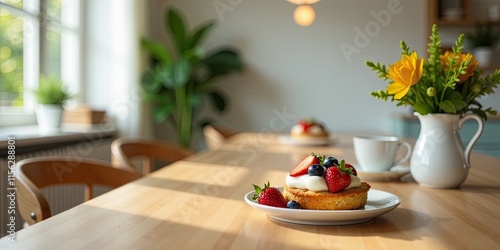 Wallpaper Mural A delightful berry-topped cake sits on a sunlit wooden table, accompanied by a cup and fresh flowers, creating a serene and inviting atmosphere in a bright kitchen. Torontodigital.ca