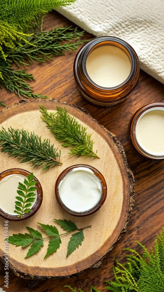 Natural skincare products displayed on a wooden surface with fresh herbs and leaves in an inviting, rustic setting Natural skincare products displayed on a wooden surface with fresh herbs and leaves in an inviting, rustic setting
