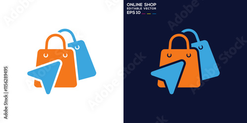 Online shop logo. Shopping bag, click, cursor, buy, sell. Icon symbol design template EPS 10.