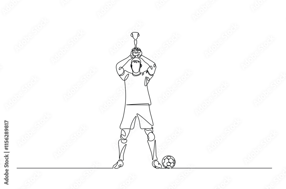 Football player holding ball and trophy continuous one line drawing. Football player with trophy in single line art illustration. Editable vector. Football player holding ball and trophy continuous one line drawing. Football player with trophy in single line art illustration. Editable vector.