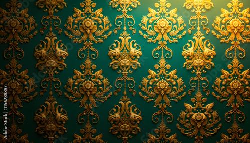 Victorian Floral Damask in Gold and Emerald Gradient