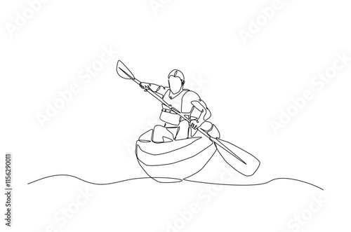 Man rowing canoe continuous one line drawing. Paddle kayak in single line art illustration. Editable vector.