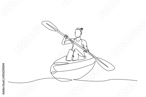 Woman rowing canoe continuous one line drawing. Paddle kayak in single line art illustration. Editable vector.
