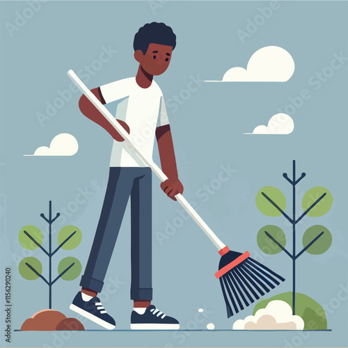 illustration of someone sweeping in the yard