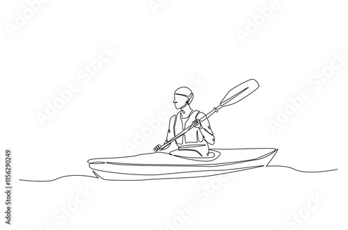 Man rowing canoe continuous one line drawing. Paddle kayak in single line art illustration. Editable vector.
