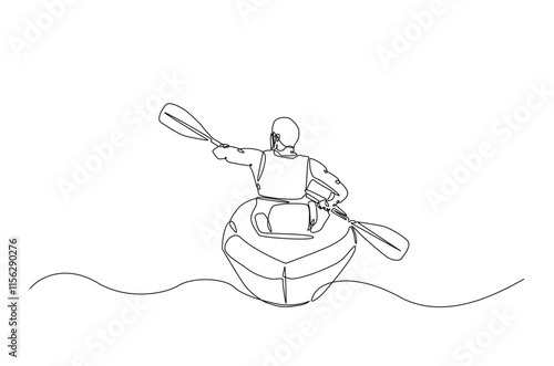 Man rowing canoe continuous one line drawing. Paddle kayak in single line art illustration. Editable vector.