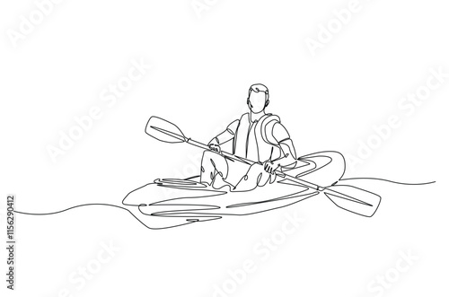 Man rowing canoe continuous one line drawing. Paddle kayak in single line art illustration. Editable vector.