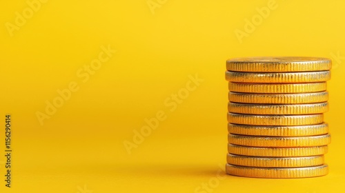 A Stack of Shiny Coins on a Bright Yellow Background Symbolizing Wealth Prosperity and Abundance in a Minimalist and Vibrant Visual Composition photo