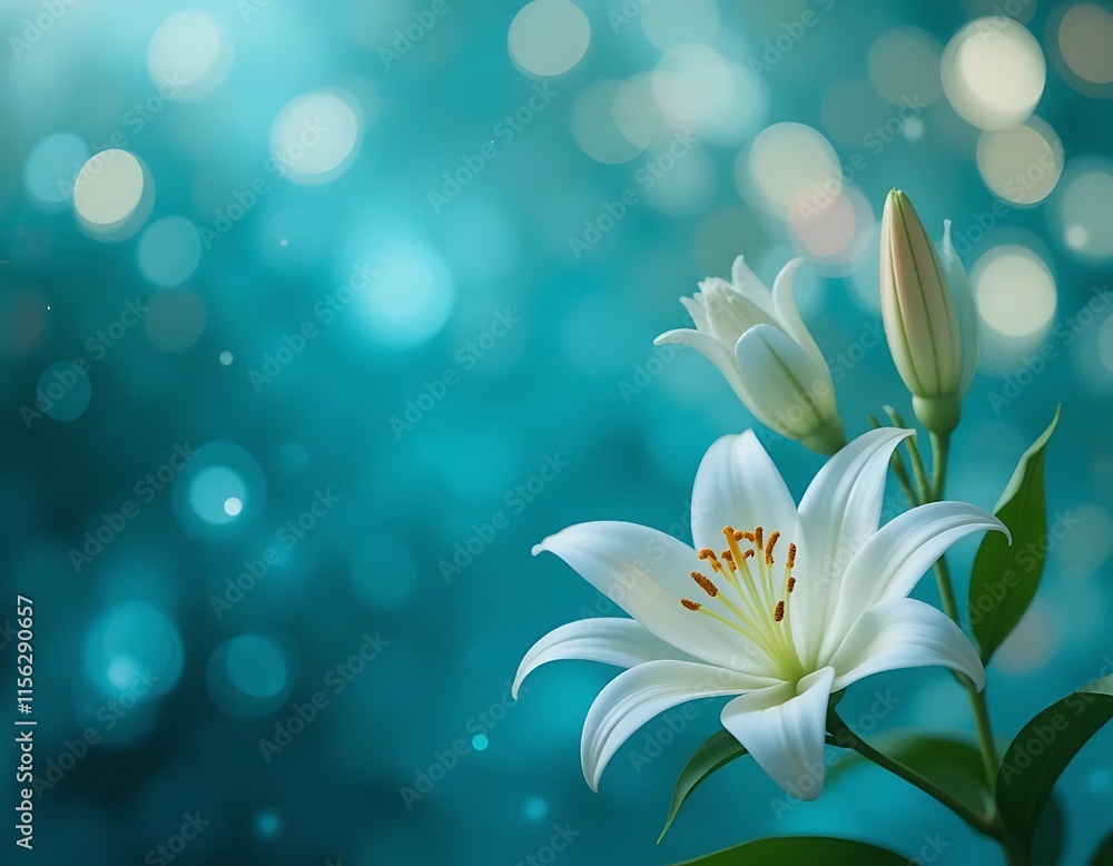 Elegant White Lily Flower Against Teal Background Elegant White Lily Flower Against Teal Background