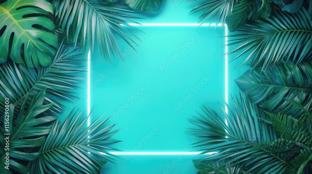 Fototapeta premium Tropical frame concept. Vibrant green leaves frame a neon border against a turquoise background, ideal for design use.