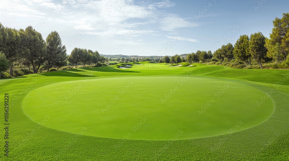 Wide-angle view of a lush green golf course surrounded by trees under a clear blue sky Wide-angle view of a lush green golf course surrounded by trees under a clear blue sky