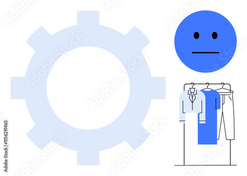 Blue-faced neutral emotion beside a large gear, next to a clothing rack with shirts and pants. Ideal for mental health, work-life balance, emotions, clothing, fashion, stress productivity. Line