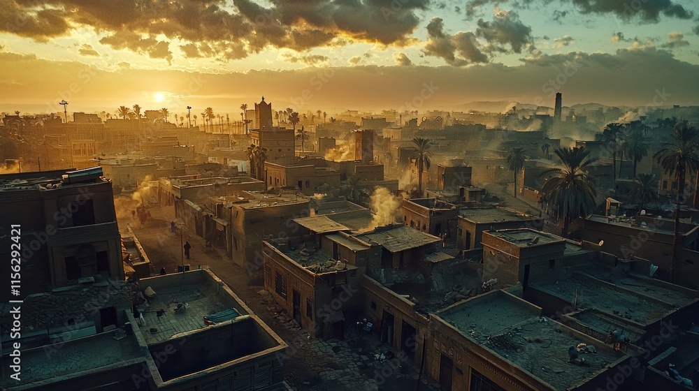 Aerial view of a city at sunset with smoke and haze. Aerial view of a city at sunset with smoke and haze.