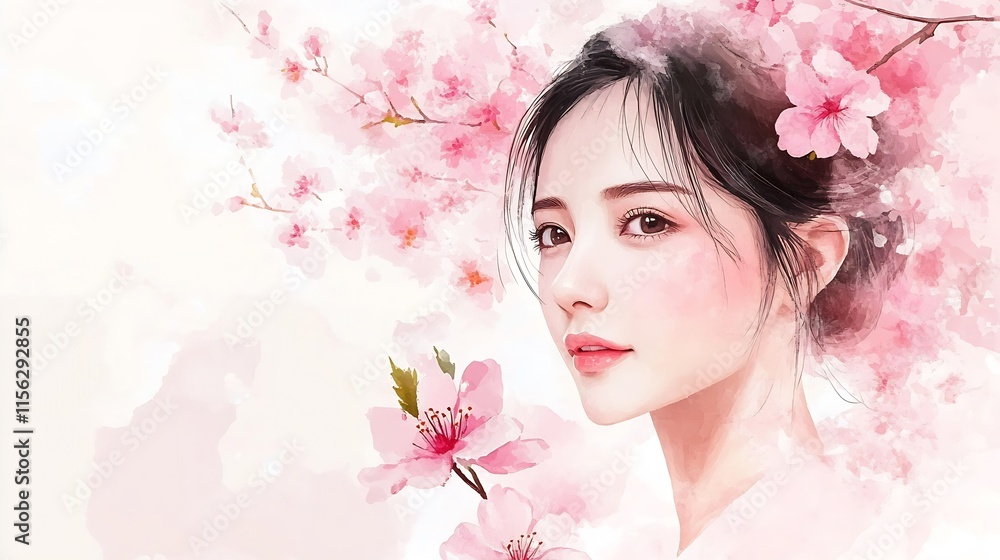 Fototapeta premium Cherry blossom with pink sakura flower vector. cherry blossom flower blooming vector. cherry blossom branch with sakura flower.:Generative AI
