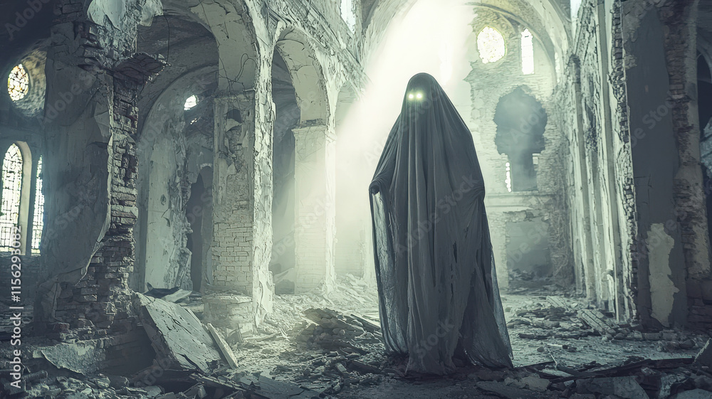 A ghostly, ethereal creature with glowing eyes and a long cloak, standing in a ruined cathedral, shrouded in mystery and eerie ambiance, surrounded by crumbling stone and darkness. A ghostly, ethereal creature with glowing eyes and a long cloak, standing in a ruined cathedral, shrouded in mystery and eerie ambiance, surrounded by crumbling stone and darkness.