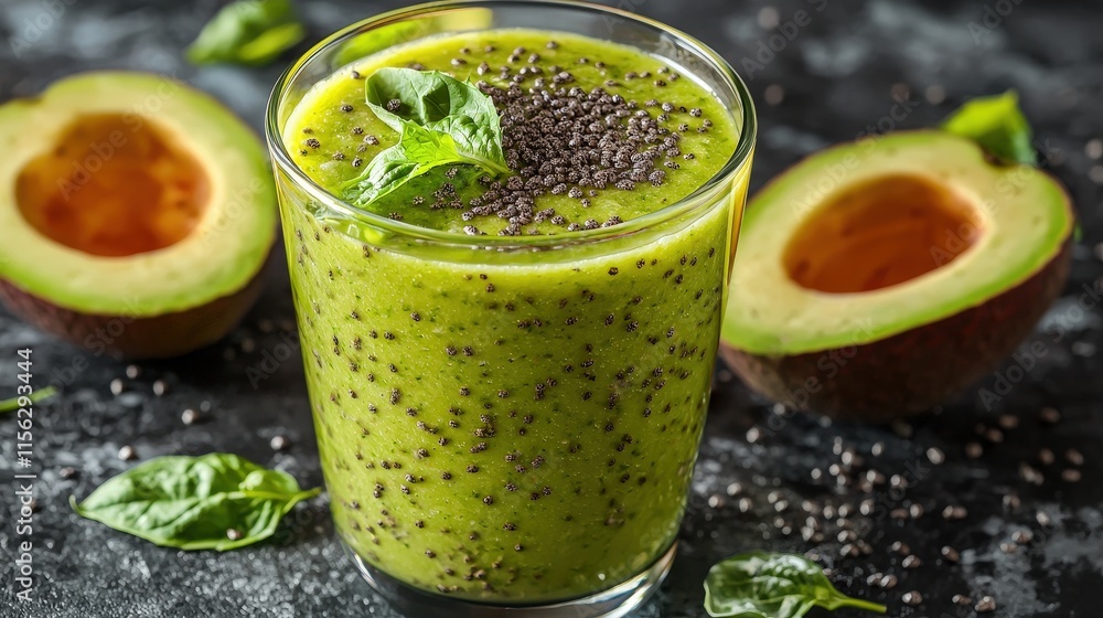 Refreshing Green Smoothie in Glass Surrounded by Fresh Avocados on Wooden Table Creating a Healthy and Inviting Culinary Atmosphere for Wellness Refreshing Green Smoothie in Glass Surrounded by Fresh Avocados on Wooden Table Creating a Healthy and Inviting Culinary Atmosphere for Wellness