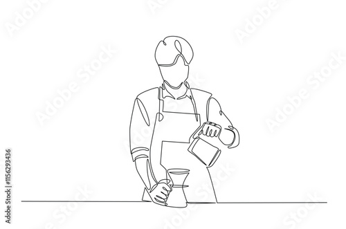 Barista making coffee continuous one line drawing. Barista preparing cofffee in single line art illustration. Editable vector.
