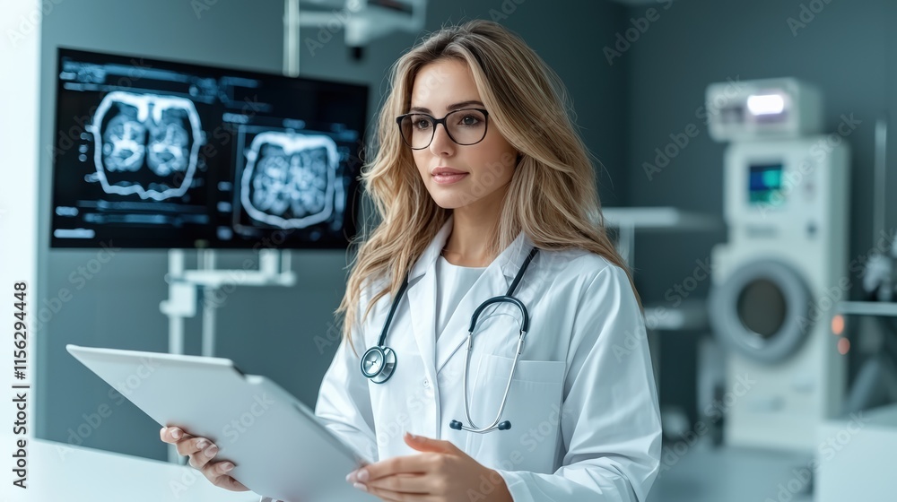 Professional Woman in White Lab Coat Engaged in Research While Holding Tablet in Modern Laboratory Environment Conveying Innovation and Expertise