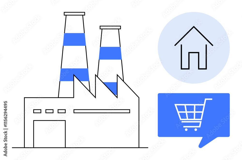 Industrial factory building with smokestacks, house symbol in blue circle, and shopping cart in blue speech bubble. Ideal for manufacturing, industrial development, home economics, e-commerce Industrial factory building with smokestacks, house symbol in blue circle, and shopping cart in blue speech bubble. Ideal for manufacturing, industrial development, home economics, e-commerce