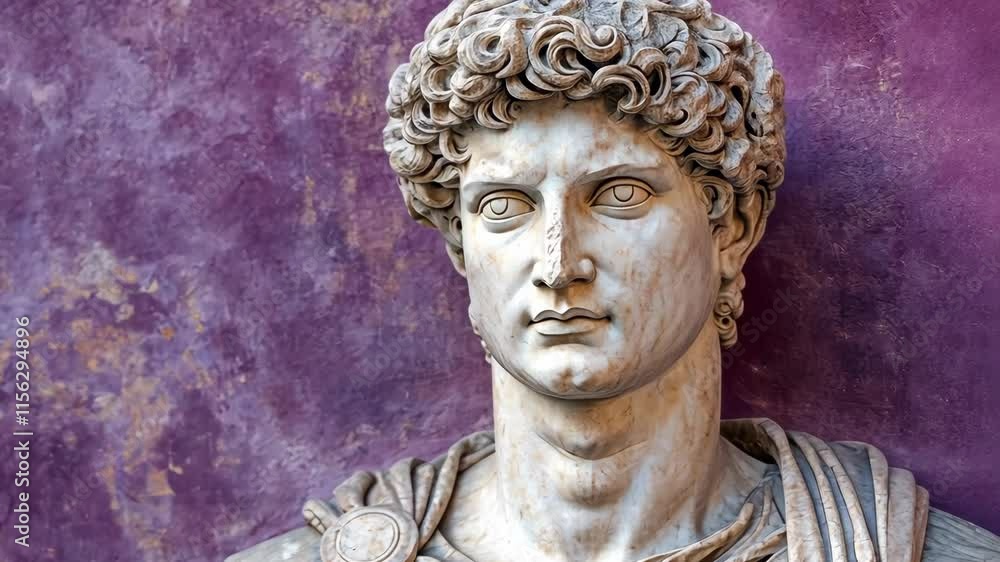 Ancient sculpture of a young man displayed against a purple wall highlighting classical artistry and detail Ancient sculpture of a young man displayed against a purple wall highlighting classical artistry and detail