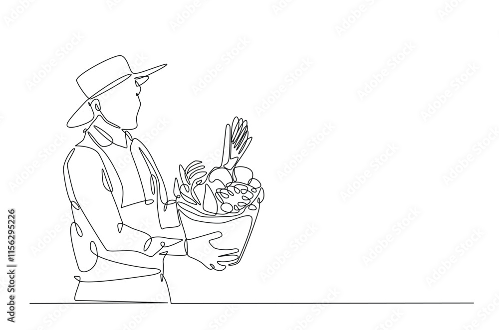 Farmer with vegetables continuous one line drawing. Farmer holding box with full of vegetables in single line art illustration. Editable vector. Farmer with vegetables continuous one line drawing. Farmer holding box with full of vegetables in single line art illustration. Editable vector.