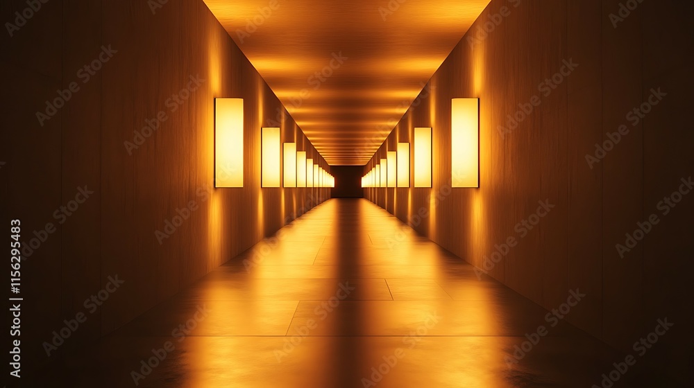 Rendering of a long corridor in a modern building with bright lights Rendering of a long corridor in a modern building with bright lights