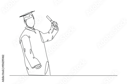 Graduate students wearing cap and gown continuous one line drawing. Graduation concept in single line art illustration. Editable vector.