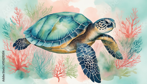 Graceful sea turtle swimming, vibrant coral reef, watercolor marine illustration, underwater scene